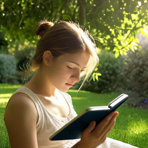 Home 15 **
A person reading a book summary on a tablet in a peaceful garden setting. Sunlight filters through the trees, highlighting the screen. Focus on conveying a sense of calm and focused learning.
**