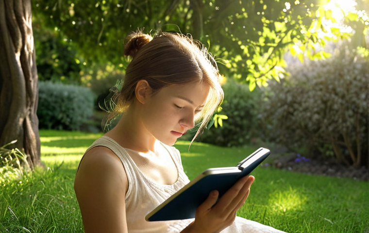 **
A person reading a book summary on a tablet in a peaceful garden setting. Sunlight filters through the trees, highlighting the screen. Focus on conveying a sense of calm and focused learning.
**