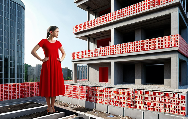 **Keywords Research Foundation:** An architect laying the foundation for a modern building, with glowing keywords ("women's clothing," "red dress," etc.) forming the base. Focus on the concept of building success.