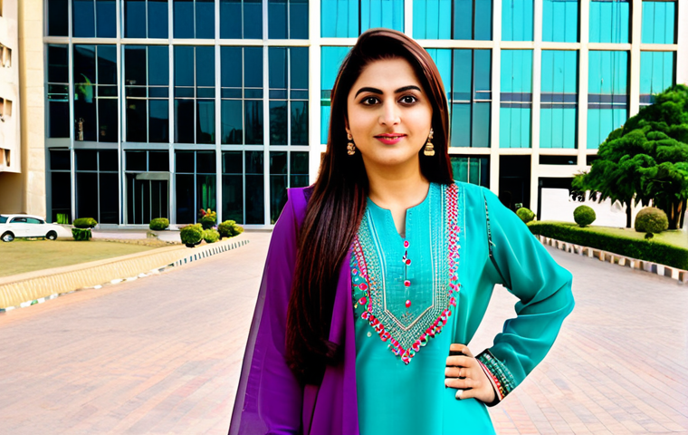Empowered Professional**

"A confident Pakistani businesswoman in a vibrant, fully clothed shalwar kameez, standing in front of a modern office building in Karachi, appropriate attire, safe for work, perfect anatomy, natural proportions, professional corporate photography, high quality, family-friendly"

**