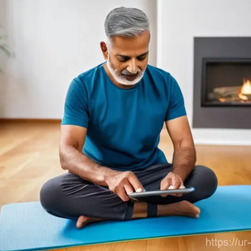 물리 치료 앱 활용법 - **Prompt:** A Pakistani/South Asian man in his 50s, wearing a comfortable t-shirt and track pants, i...