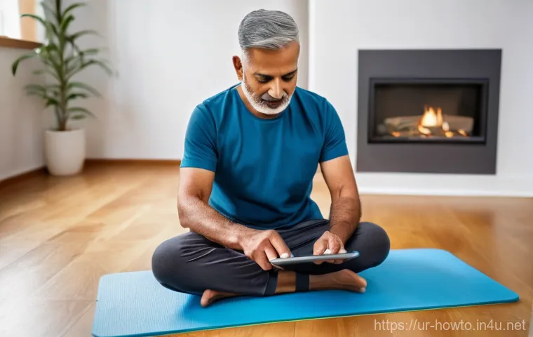 물리 치료 앱 활용법 - **Prompt:** A Pakistani/South Asian man in his 50s, wearing a comfortable t-shirt and track pants, i...