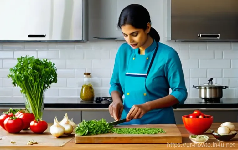 요리 초보를 위한 팁 - **Prompt 1: The Art of Kitchen Preparation**
    "A serene and immaculately organized South Asian ki...