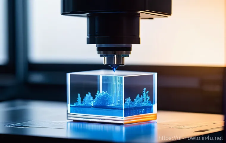 SLA 3D 프린팅 활용법 - **Prompt: The Alchemy of Light and Resin**
A mesmerizing, close-up shot of an advanced SLA 3D pr...