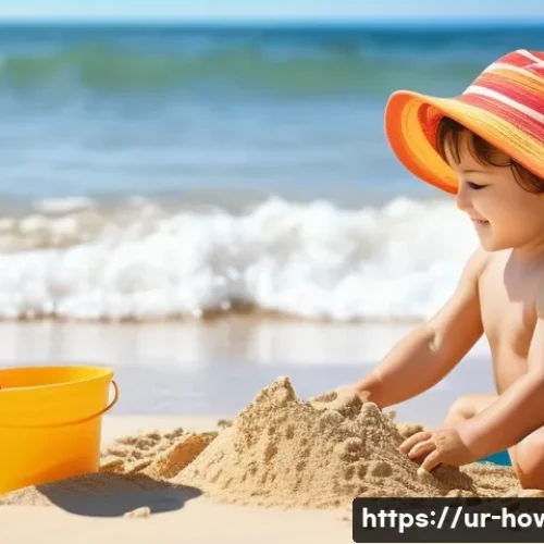 Filmora 활용법 - **A toddler playing in a sandbox at the beach, wearing a brightly colored swimsuit and a sun hat. Th...