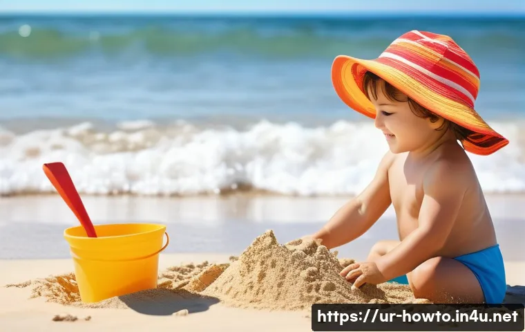 Filmora 활용법 - **A toddler playing in a sandbox at the beach, wearing a brightly colored swimsuit and a sun hat. Th...