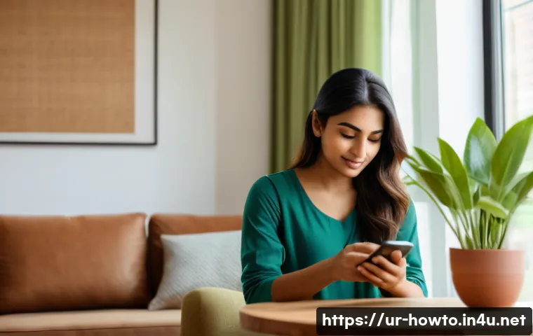 헬스케어 활용법 - A detailed scene of a young South Asian woman using a smartphone in a cozy, modern living room decor...