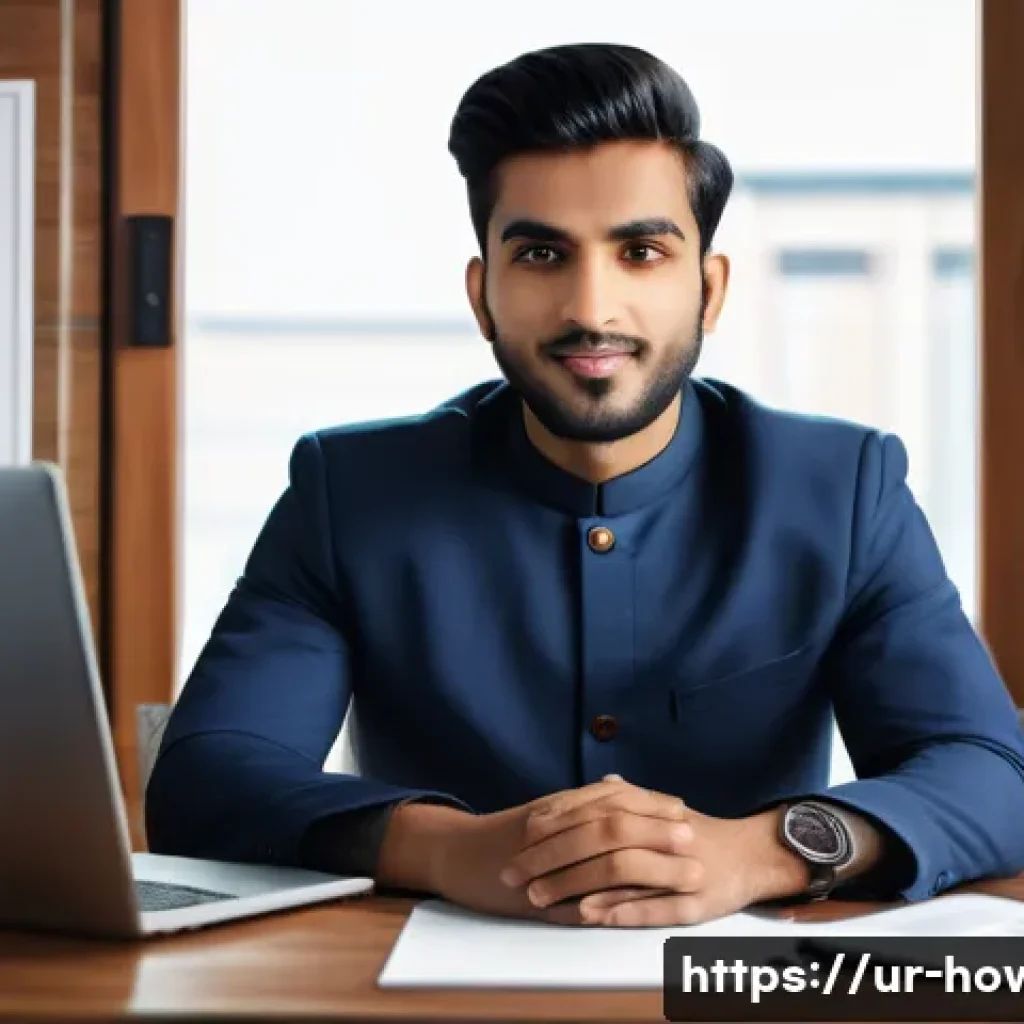 디지털 포트폴리오 활용법 - A modern digital portfolio workspace scene showing a young South Asian professional in traditional P...