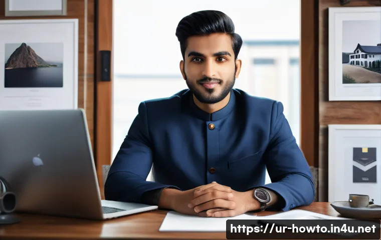 디지털 포트폴리오 활용법 - A modern digital portfolio workspace scene showing a young South Asian professional in traditional P...