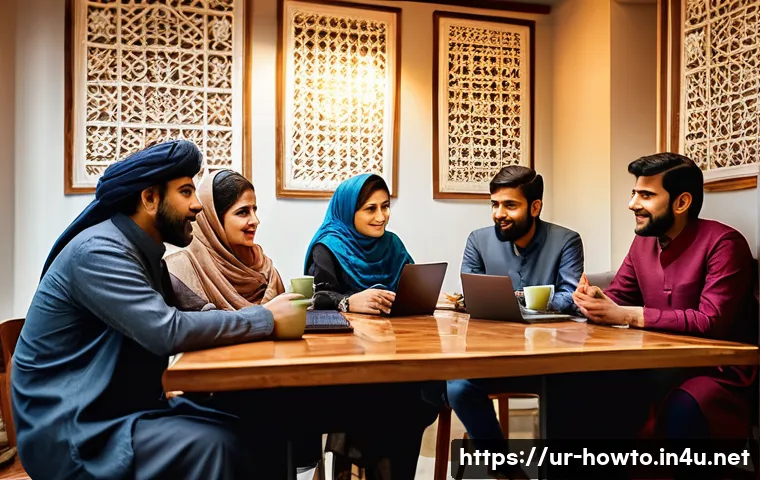 네이버 카페 활용법 - A vibrant online community scene set in a modern digital café environment, featuring diverse Pakista...
