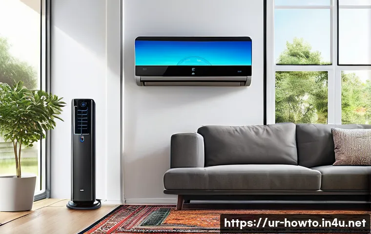 스마트 에어컨 활용법 - A modern smart air conditioner installed in a sleek, contemporary living room in a Pakistani home, s...
