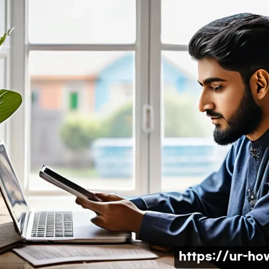 학습 도구 활용법 - A modern Pakistani student in a cozy home study environment using a laptop and smartphone simultaneo...