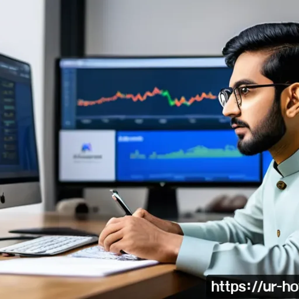 Ahrefs 활용법 - A professional digital marketing workspace scene featuring a South Asian man in traditional Pakistan...