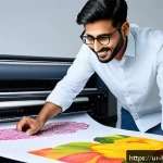 Home 20 디지털 인쇄 활용법 - A vibrant digital printing studio scene showcasing a modern inkjet printer actively printing a color...