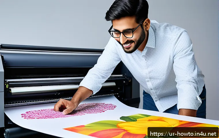 디지털 인쇄 활용법 - A vibrant digital printing studio scene showcasing a modern inkjet printer actively printing a color...