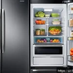 Home 18 스마트 냉장고 활용법 - A modern kitchen scene featuring a sleek Samsung Family Hub smart refrigerator with a transparent to...