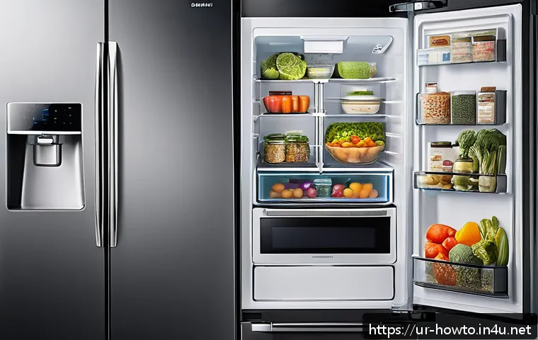 스마트 냉장고 활용법 - A modern kitchen scene featuring a sleek Samsung Family Hub smart refrigerator with a transparent to...