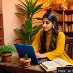 Home 23 취미 생활 활용법 - A vibrant and cozy indoor scene of a young South Asian woman sitting comfortably in a well-lit room ...