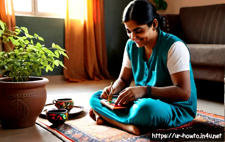 Home 17 취미로 할 수 있는 활동 추천 - Photorealistic warm home hobby scene in a Pakistani living room, a cheerful Urdu-speaking adult seat...