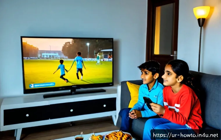 디즈니플러스 활용법 - Photorealistic cozy Pakistani family living room in the evening, parents and two school-age children...